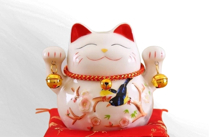 Mèo thần tài bằng sứ tinh tế, phù hợp trang trí bàn thờ hoặc bàn làm việc