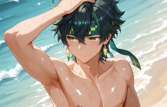 Anime nam đi biển với phong cách sôi động, tràn đầy năng lượng