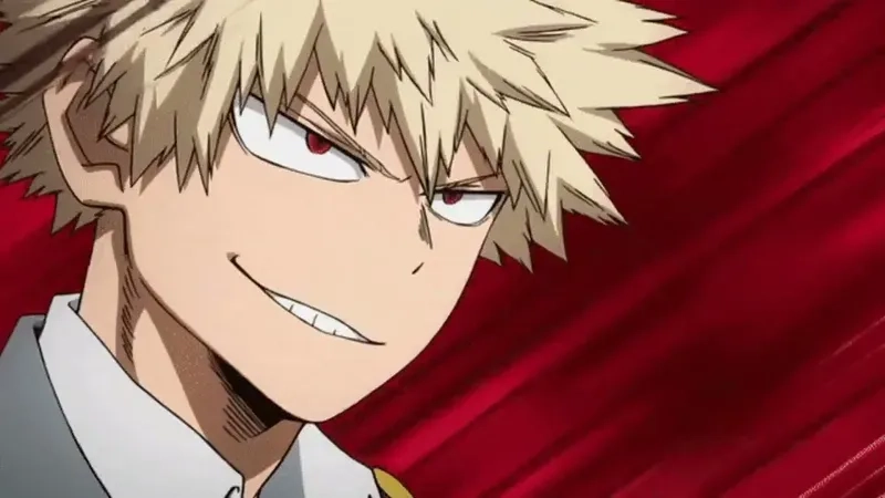 Bakugo cười một nụ cười đầy kiêu hãnh và thách thức của anh hùng