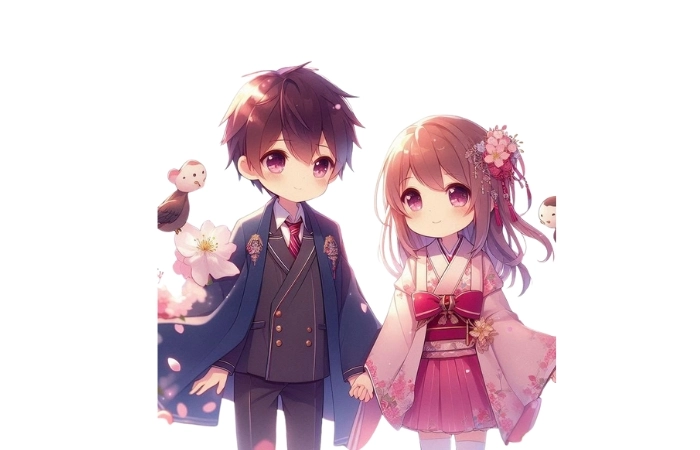 Anime nam và nữ thể hiện câu chuyện đáng yêu giữa hai nhân vật