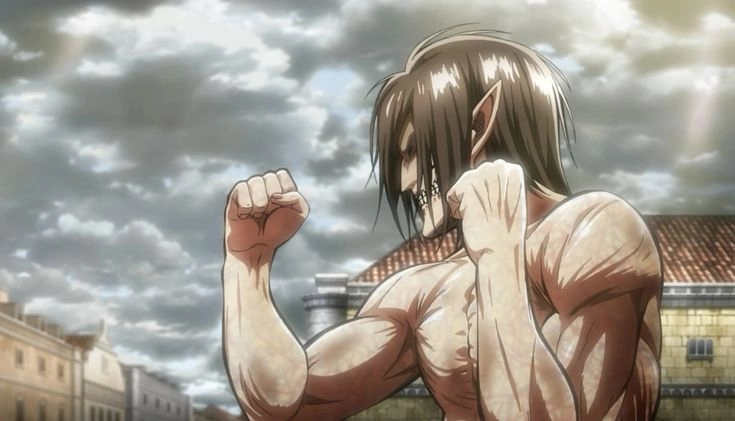 Eren in Titan form với ánh mắt rực lửa căm thù