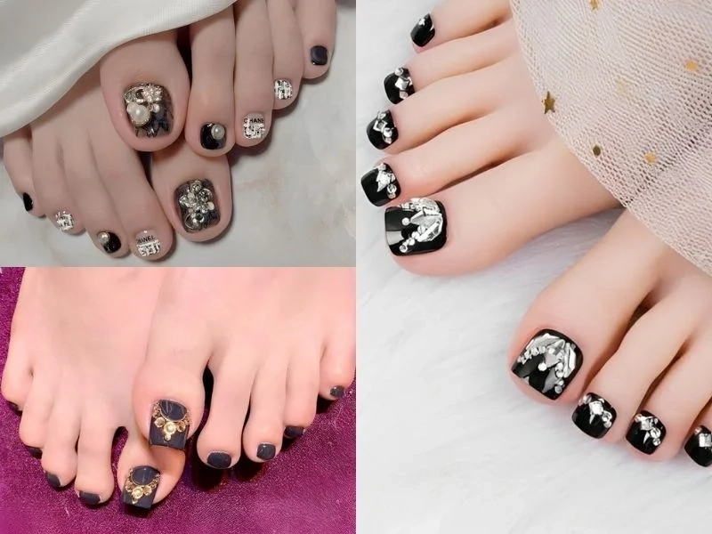 Nail chân màu đen đính đá giúp đôi chân thêm phần cá tính