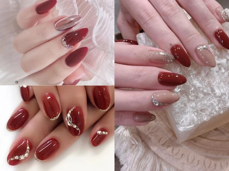 Nail đính đá sang trọng màu đỏ giúp nàng tỏa sáng trong mọi sự kiện