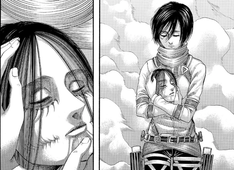 Mikasa cầm đầu Eren với ánh mắt đầy đau thương