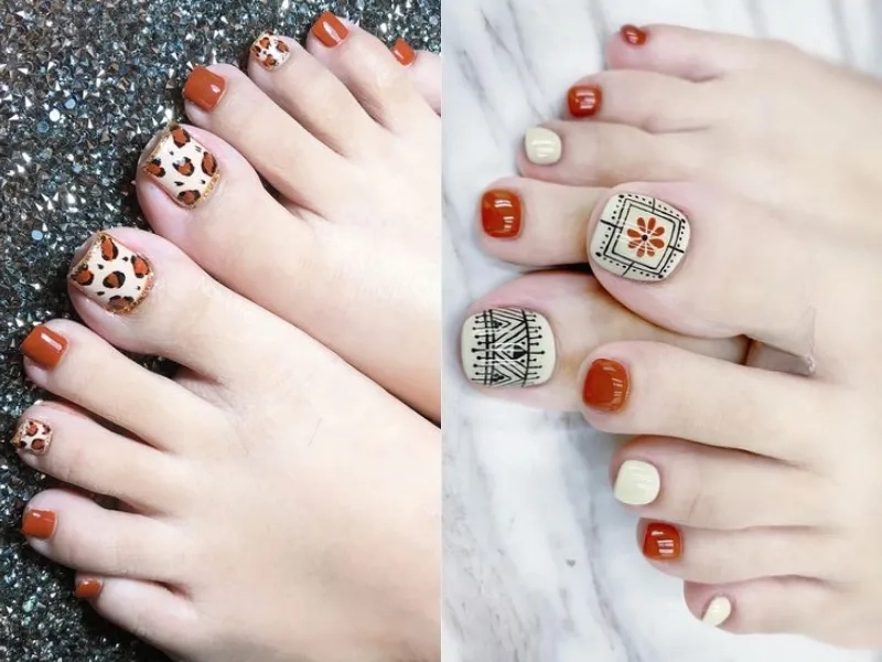 Nổi bật với móng chân màu cam đất phù hợp với mọi tone da