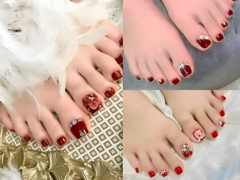 Kiểu móng chân đính đá màu đỏ hot nhất năm nay