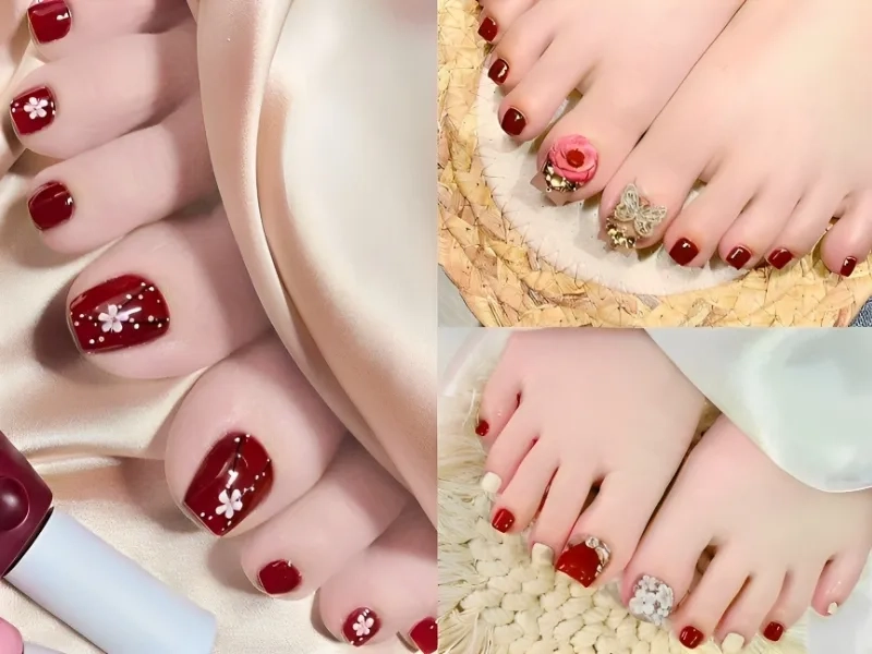 Nail chân màu đỏ mận hợp với mọi phong cách thời trang
