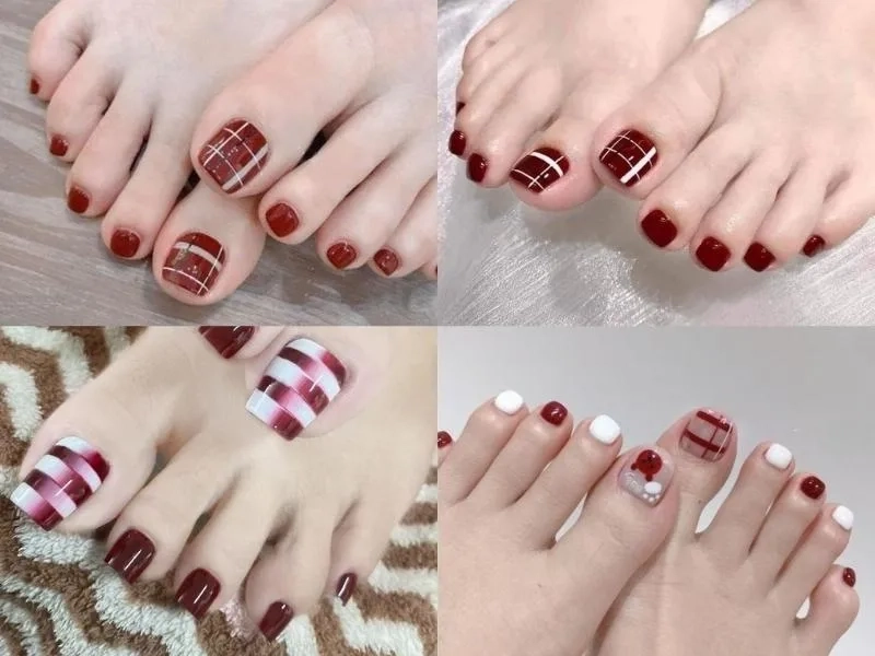 Mẫu móng chân đỏ kẻ đang là xu hướng năm nay