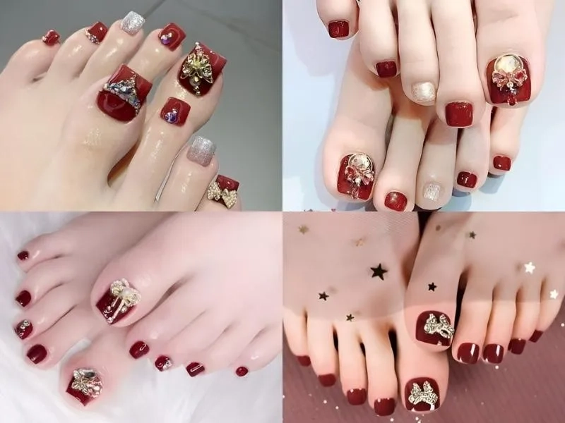 Sơn móng chân màu đỏ mận đính đá cho nàng yêu thích sự quyến rũ