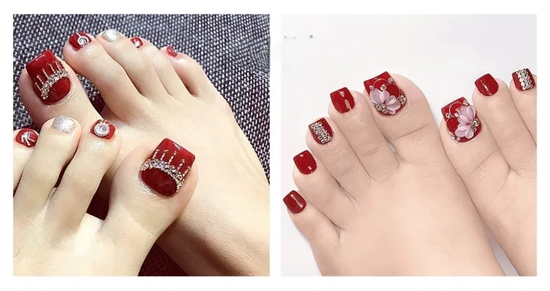 Kiểu nail chân màu đỏ đính đá sang trọng không thể bỏ qua