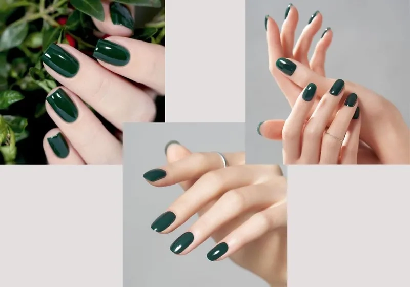 Móng tay màu xanh rêu đính đá tạo điểm nhấn sang chảnh và quý phái