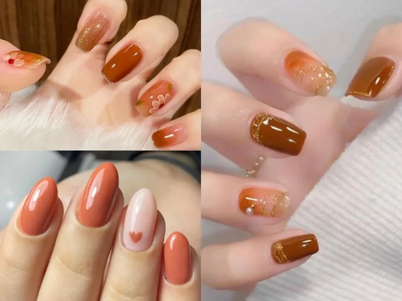 Sơn móng tay màu nâu cam nổi bật giúp đôi tay thêm phần rực rỡ