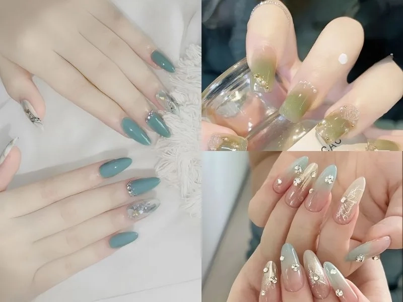 Nail màu xanh đính đá lấp lánh mang lại vẻ đẹp tinh tế