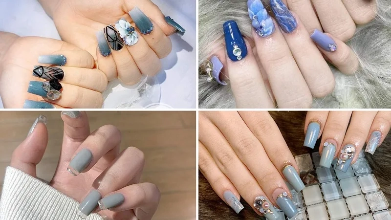 Nail xanh dương đính đá sang trọng giúp nàng thu hút mọi ánh nhìn