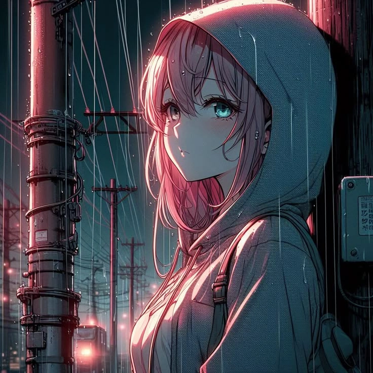 Ảnh anime mưa buồn nữ thể hiện sự cô đơn dưới cơn mưa lạnh