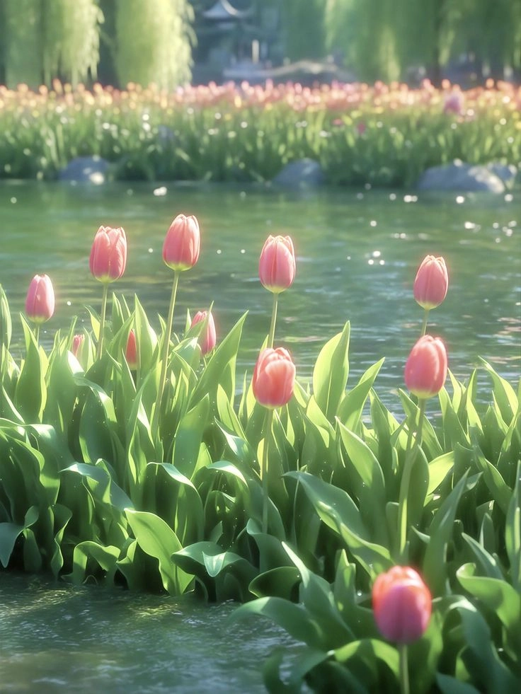 Phong cảnh hoa tulip rộng lớn, đầy màu sắc như tranh vẽ