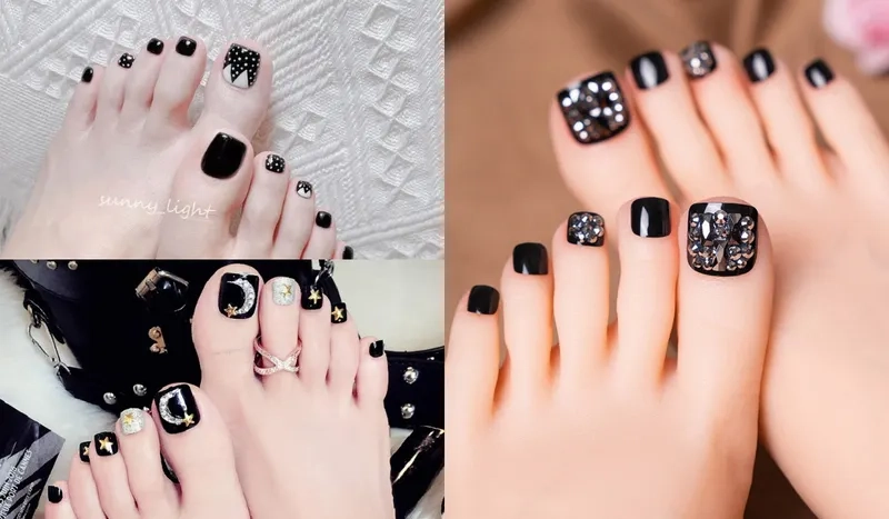Sơn móng chân màu đen đính đá giúp bạn nổi bật mọi lúc mọi nơi