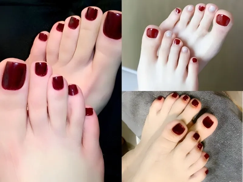 Mẫu nail chân màu đỏ đô giúp đôi chân thêm phần nổi bật và cuốn hút