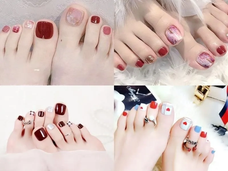 Nâng tầm phong cách với sơn móng chân màu đỏ mận đính đá độc đáo