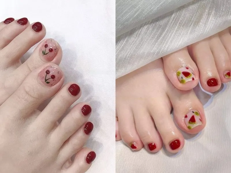 Mẫu móng chân màu đỏ mận phù hợp với mọi trang phục và phong cách