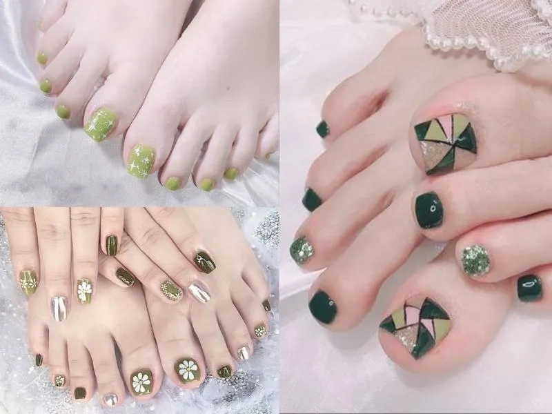 Dịu dàng mà sang chảnh với nail chân màu xanh rêu