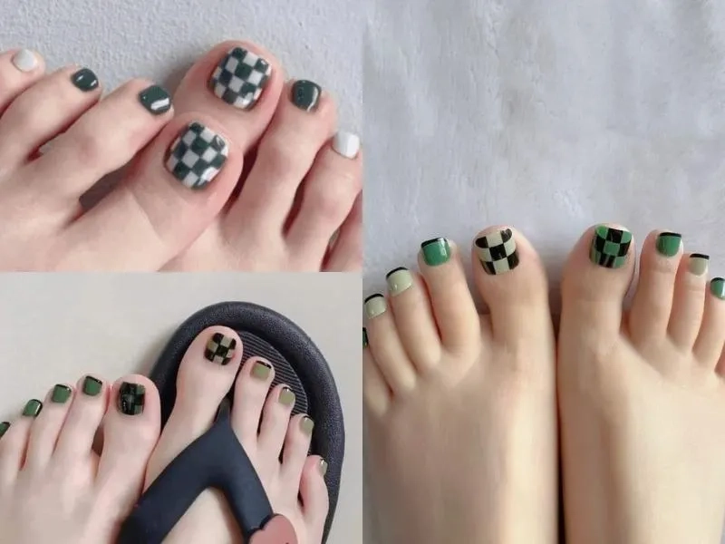 Lên đồ cực chất với nail móng chân màu xanh rêu