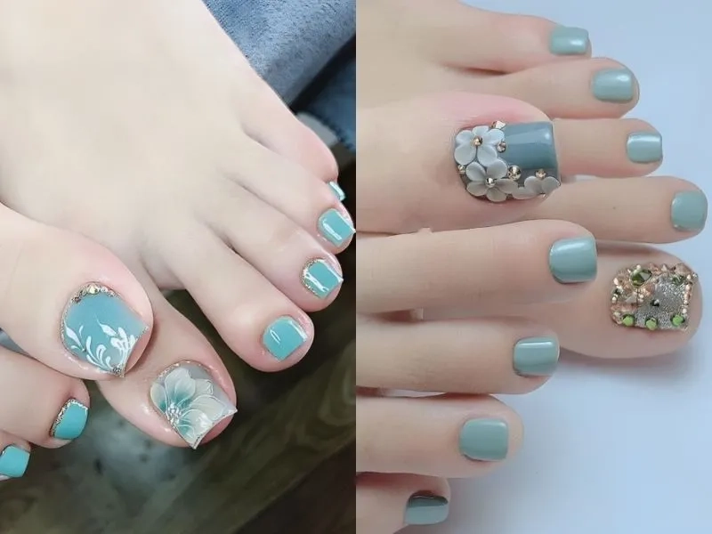 Mê tít màu ngọc với móng chân màu xanh ngọc