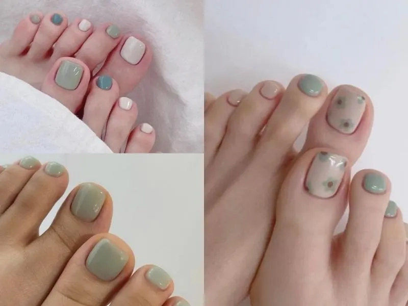 Gợi ý mẫu móng chân đẹp màu xanh rêu cho tiệc cuối tuần