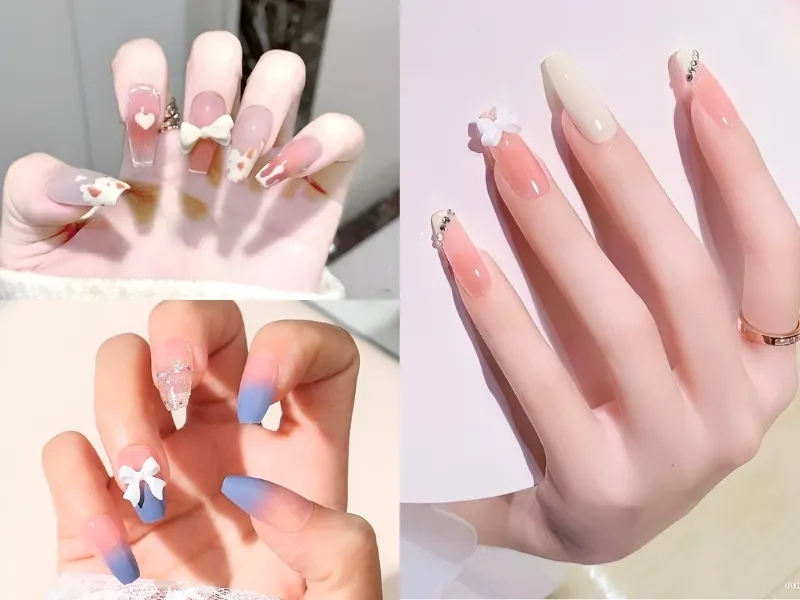 Đơn giản mà xinh với gắn nơ nail cho mỗi bộ móng