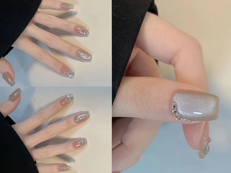 Phá cách với nail màu xám đính đá cực xinh