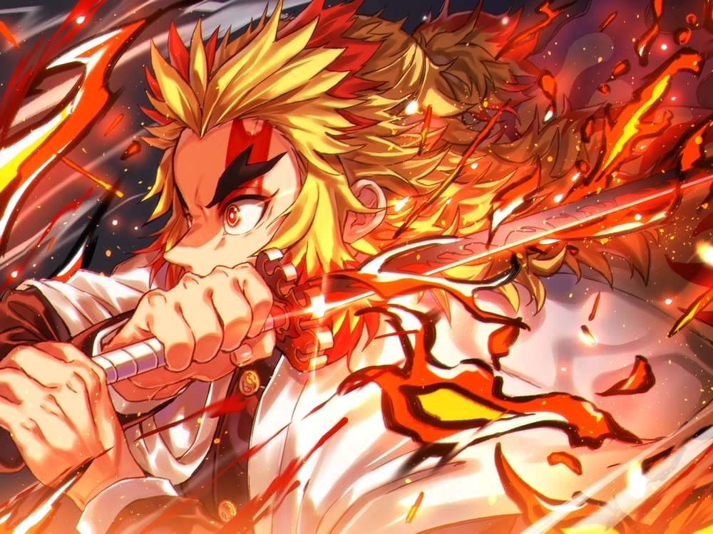 Ảnh Rengoku nổi bật với ánh lửa rực rỡ và khí chất ngầu