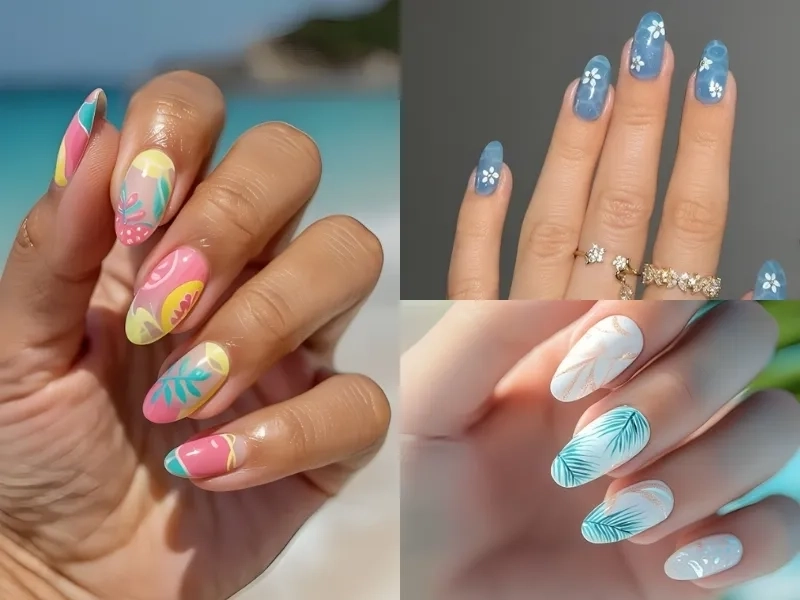 Nail mùa hè đi biển nổi bật dưới ánh nắng vàng