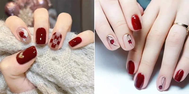 Nail tay đỏ mận loang nghệ thuật tinh tế