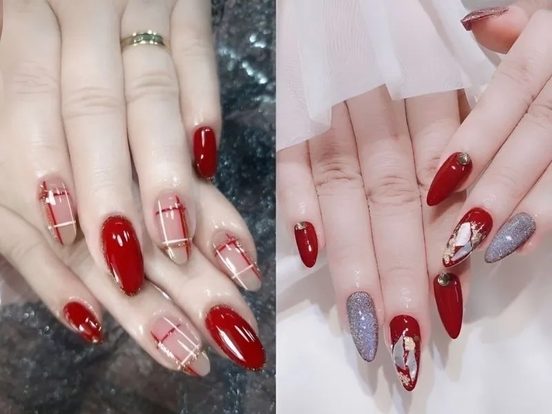 Nail tay đỏ mận trơn sang trọng đầy cuốn hút