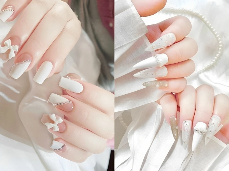 Nail xinh màu trắng dịu dàng nữ tính