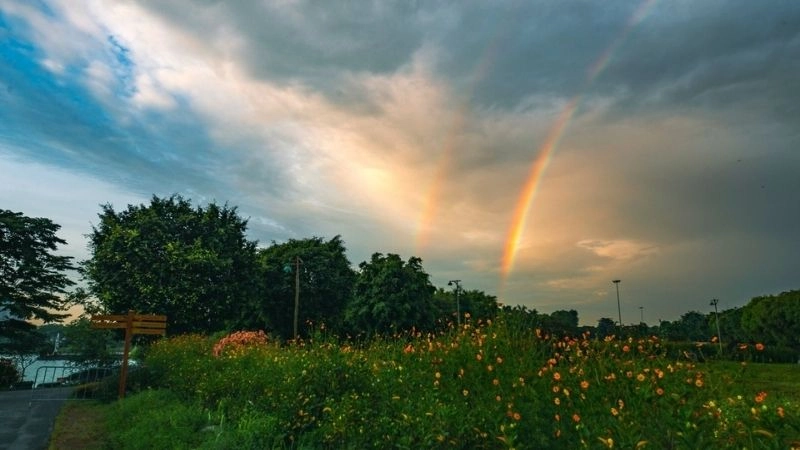 Ánh sáng mặt trời tán xạ tạo hiệu ứng cầu vồng đôi