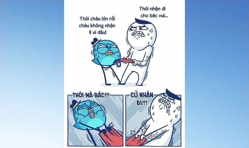 Meme lì xì Tết 2026 xuân Bính Ngọ hài hước khuôn mặt buồn bã